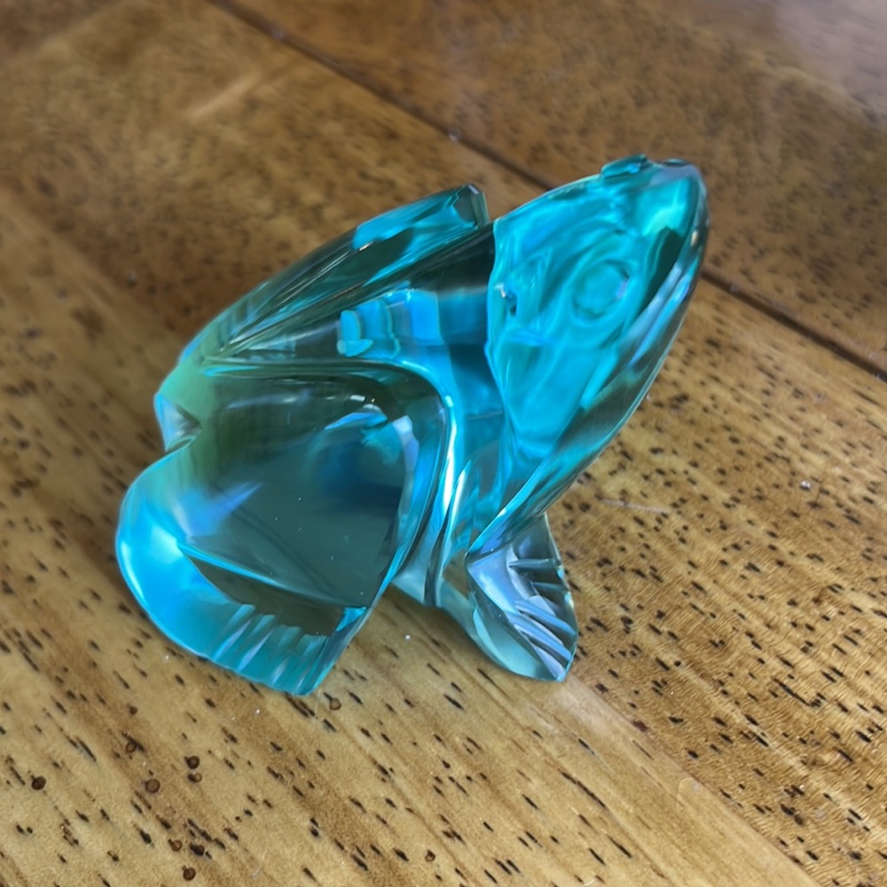 Vintage Cut Glass Aquamarine Frog/Toad Figure Paperweight Signed.